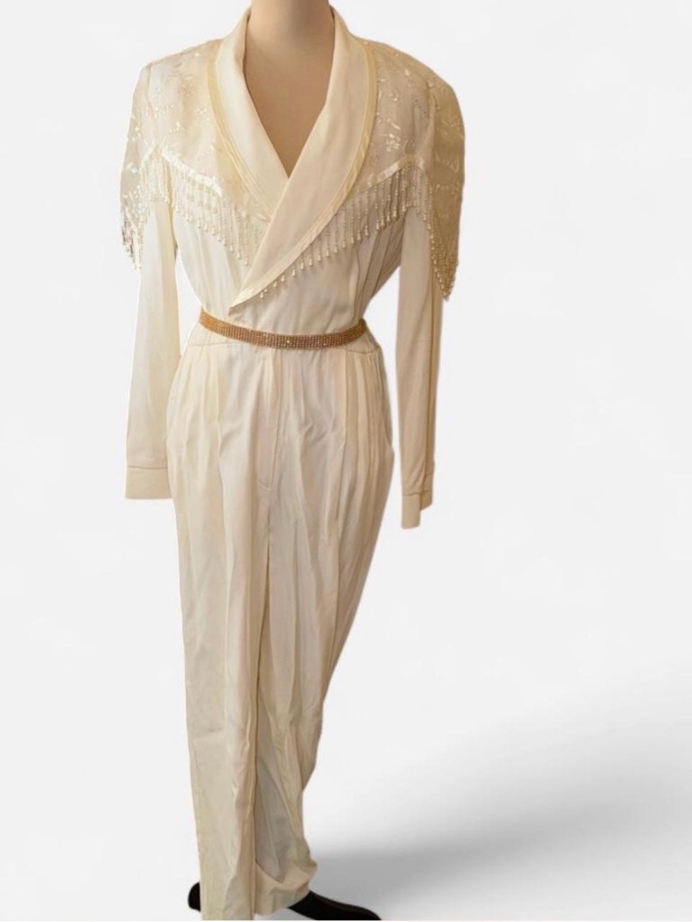 Stunning Vintage Ivory Beaded Draped Jumpsuit